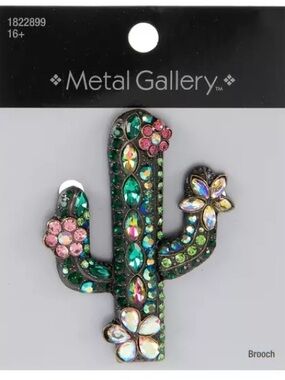 New Metal Gallery Jeweled Cactus Brooch - Green & Pink